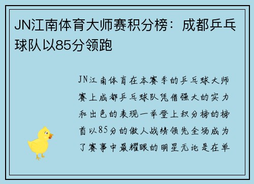 JN江南体育大师赛积分榜：成都乒乓球队以85分领跑